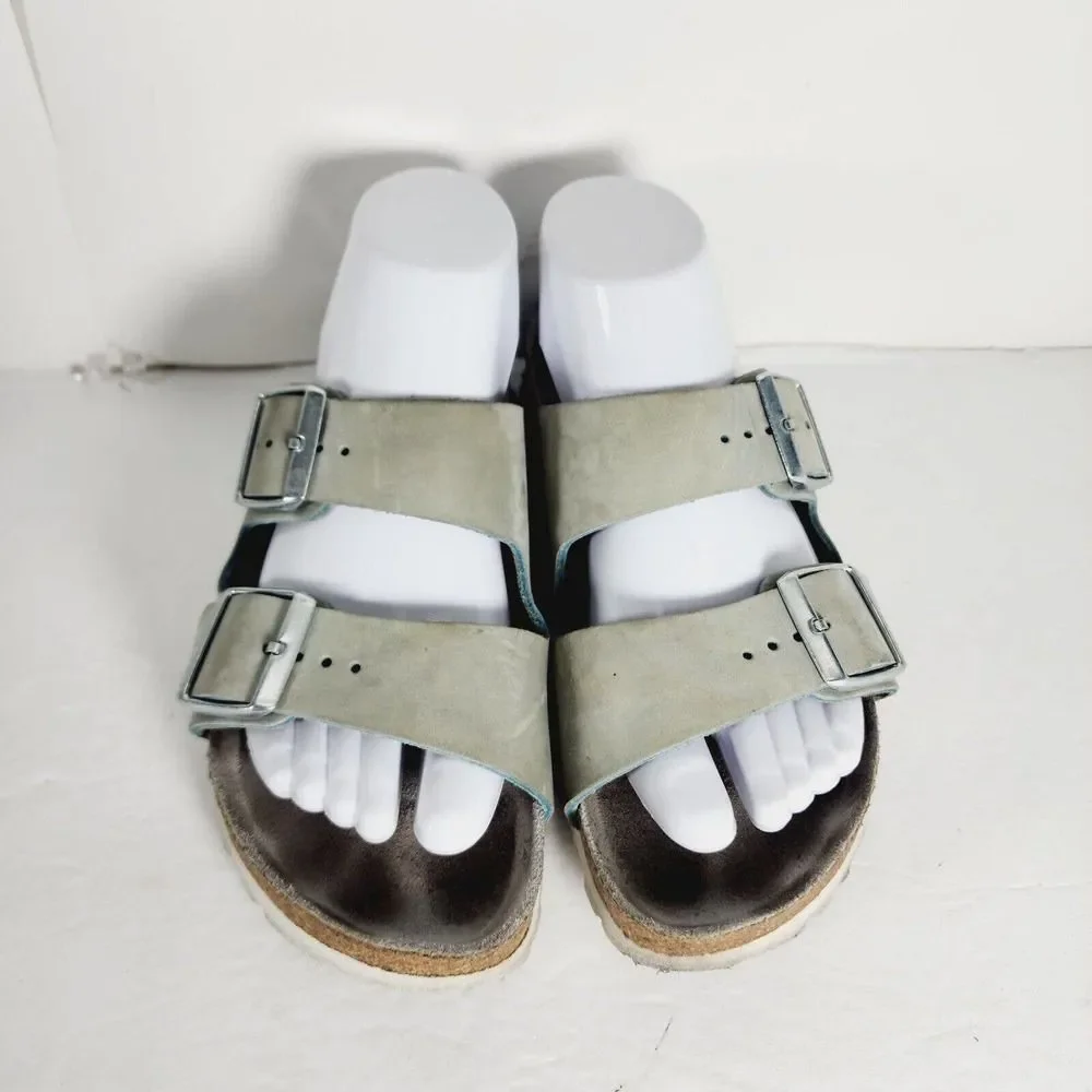BIRKENSTOCK Women's Arizona Nubuck Leather Light Blue SoftFB Sandals EU38 US7_3